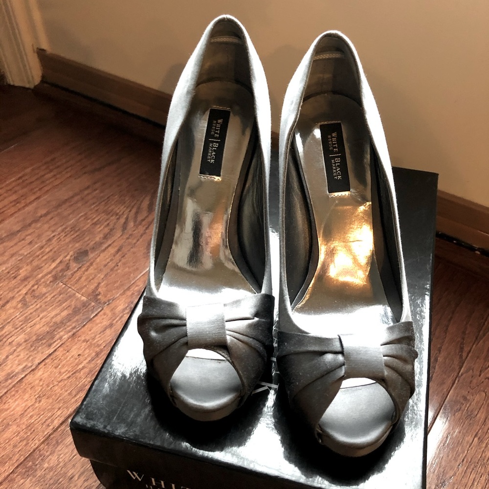 COPY - Grey Peep Toe Satin 4” Platform Pump